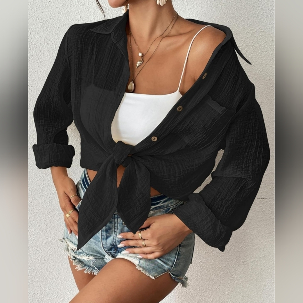Bsubseach Button-Down Swimsuit Coverup & Oversized Blouse | Size L - Picture 4 of 5
